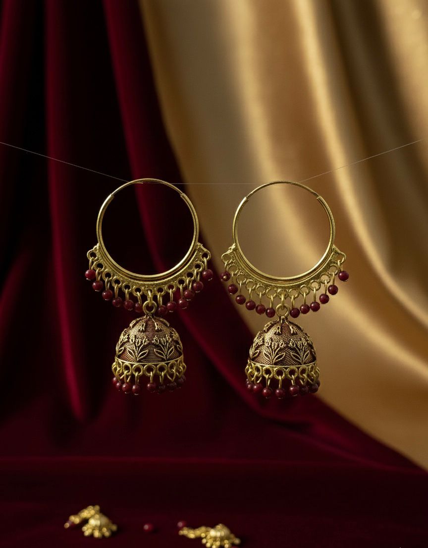Antique Hoop Jhumkas with Ruby Drops