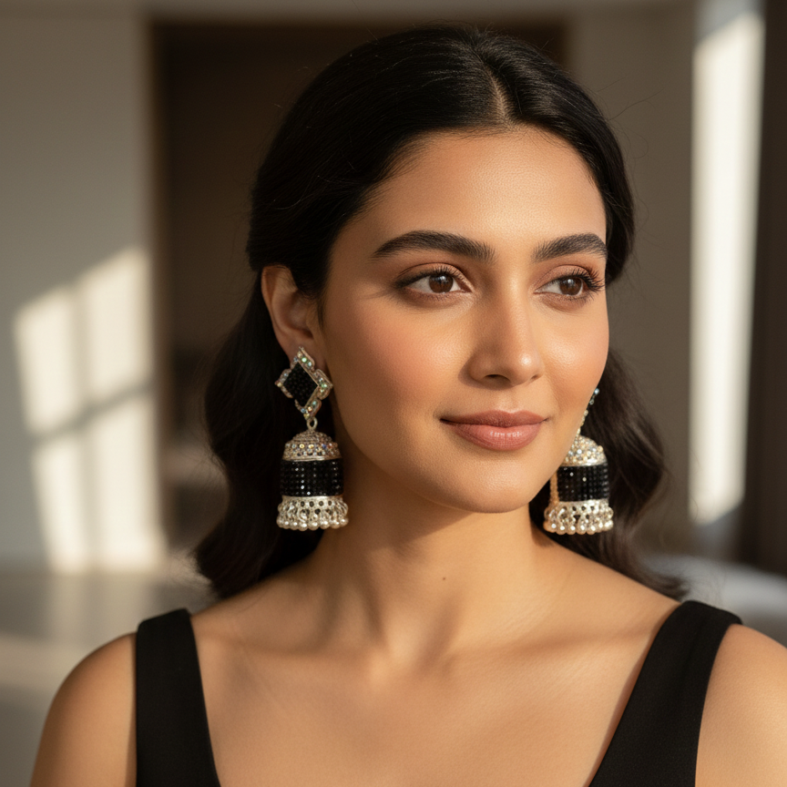 Black & silver Royale Crystal Jhumka