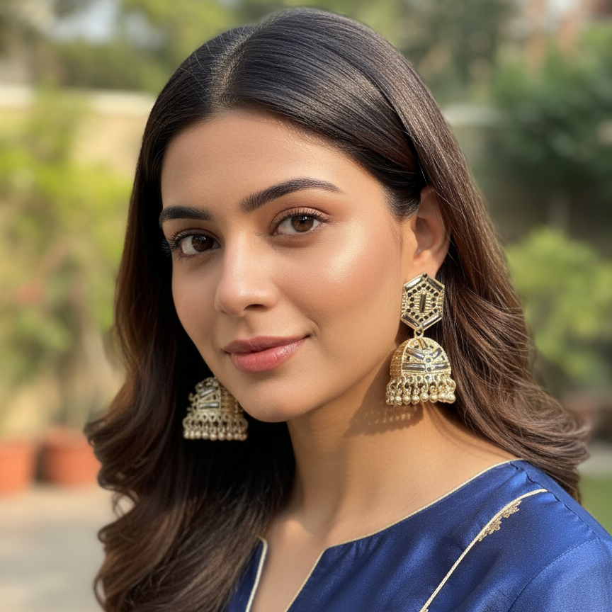 Oxidized Silver Hexagon Black Stone Jhumkas