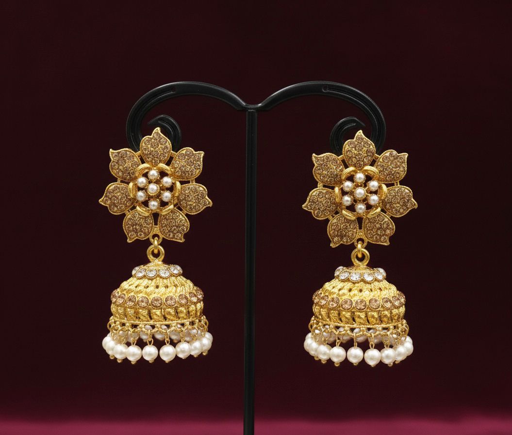 Golden Pearl Blossom Jhumkas