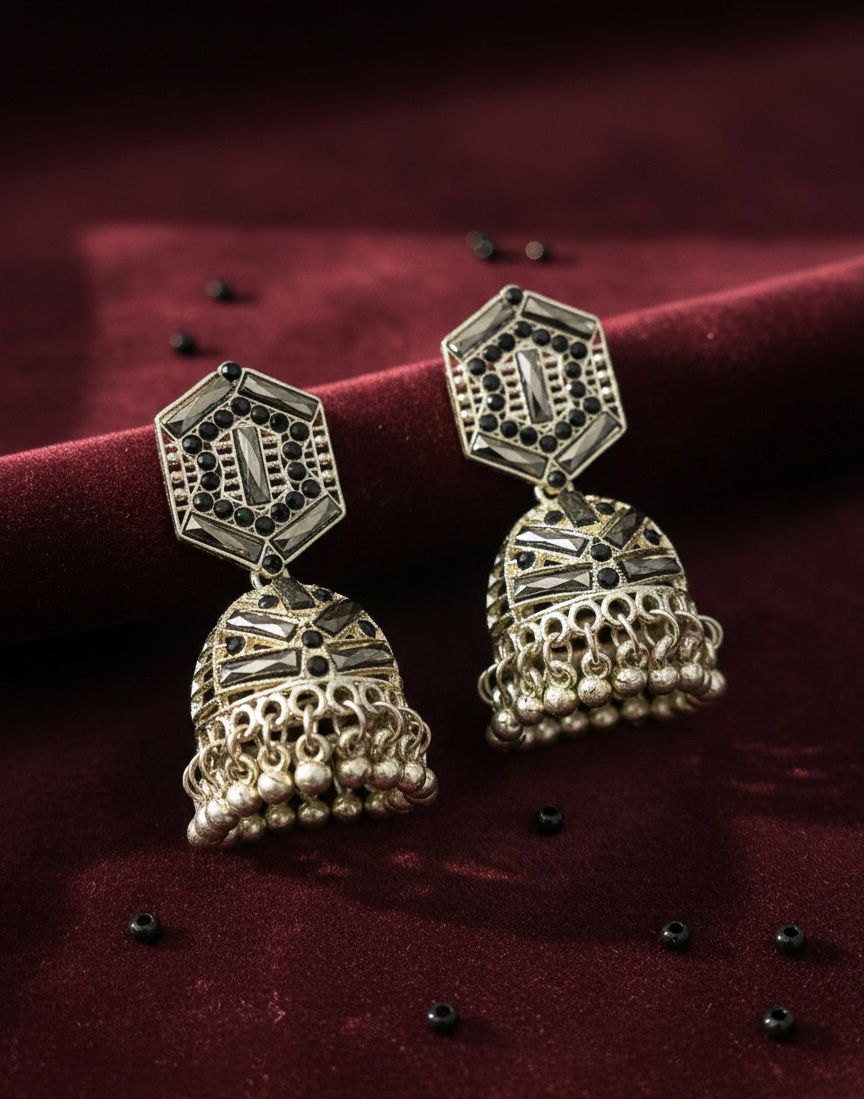 Oxidized Silver Hexagon Black Stone Jhumkas